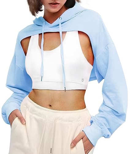 BEJONS Women Long Sleeve Cropped Super Crop Top Hoodies Sweatshirt Aesthetic Punk Hip Hop Dance Sexy Rave Cloth - Blue Heather - Medium
