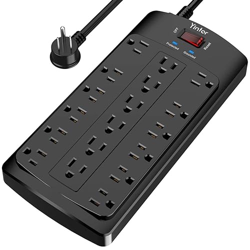 6FT Yintar Surge Protector Power Strip - Flat Plug Extension Cord with 18 AC Outlets for Home, Office, Dorm Essentials, 2100 Joules, ETL, Black