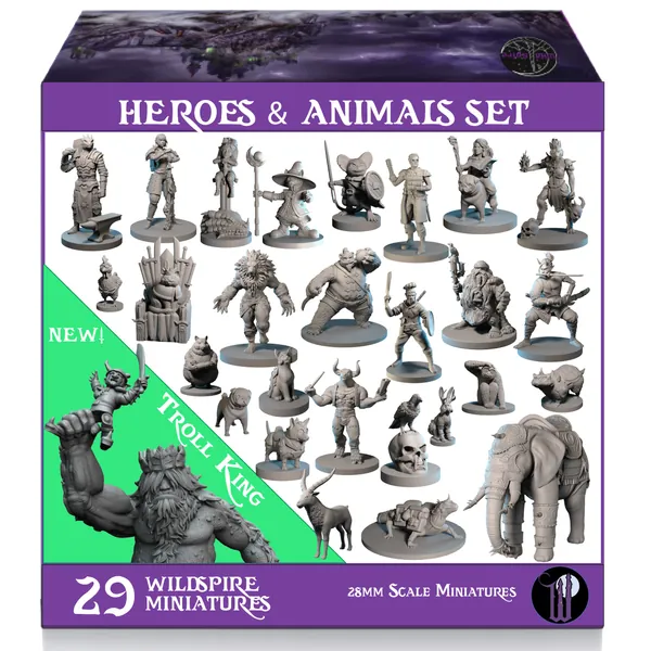 Wildspire Hero & Animals & Troll for DND Miniatures 28mm Bulk Dungeons and Dragons Miniatures I for D&D Miniatures & DND Minis Tabletop Fantasy Miniatures & D&D Figures I Campaign Setting & Quest - 