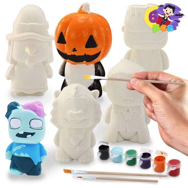 Halloween Squishy Coloring Craft Kit with 6 different characters, 3 Paints and Paint Tubs, Art & Craft Kit DIY Toy Set Make Your Own Halloween Squishy Friends - 