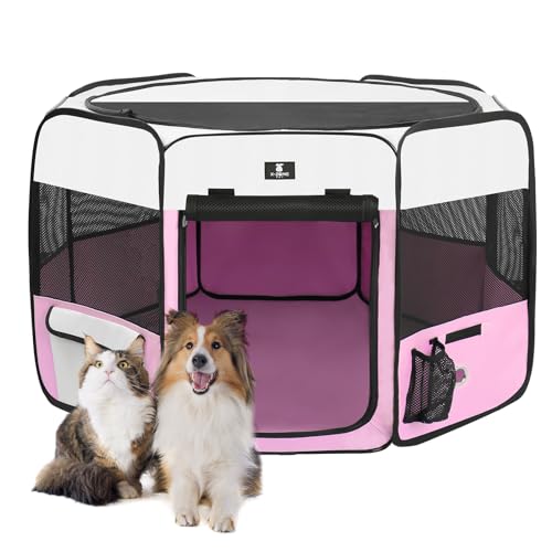 X-ZONE PET Portable Foldable Pet Dog Cat Playpen Crates Kennel/Premium 600D Oxford Cloth,Removable Zipper Top, Indoor and Outdoor Use - Large - A Pink
