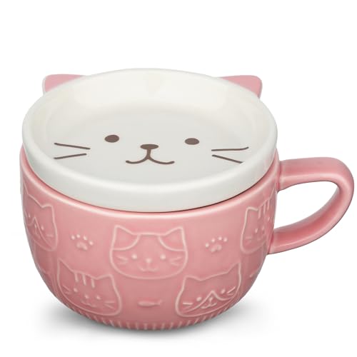 Cute Ceramic Cat Coffee Mug with Lid,Kawaii Coffee Mugs or Tea Cups for Cat Lovers,Funny Novelty Cat Breakfast Mugs for Women,Wife,Mum,Girls,Boys,Friends,Kids,Christmas,Birthday Gift,300ML（Pink） - Rosa