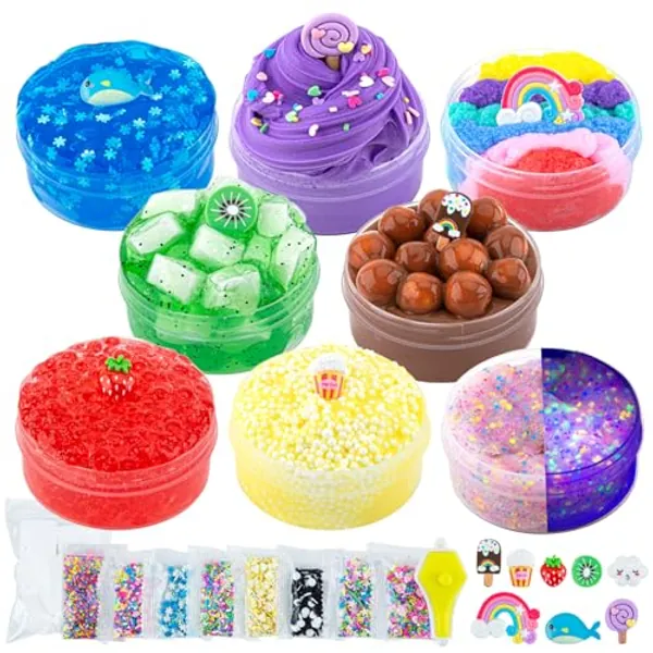 Okaybee Slime Variety Pack Different Textures, 8 Pack Slime Kit Includes Butter Slime, Rainbow Cloud Slime & Clear Beaded Slime, Glow in The Dark Slime, Jelly Cube Crunchy Slime Party Favors for Kids