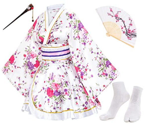 Elibelle Japanischer Anime-Damen-Kimono-Robe, Kostüm, Seide, faltbar, Tabi-Haarstäbchen, Socken-Set - L - Weiß - Typ 1