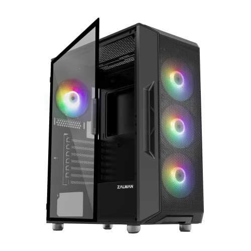 Zalman i3 NEO ATX Mid Tower Gaming PC Case - 4 x 120mm Fixed RGB Fans Preinstalled - Mesh Front Panel for High Airflow - Tempered Glass Side Panel, Black - Mesh - Black