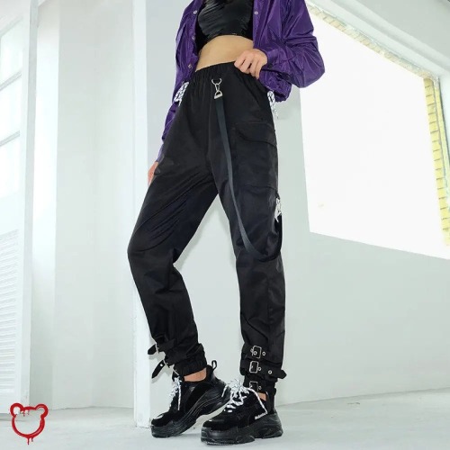 Black Grunge Strap Pants - black pants / S