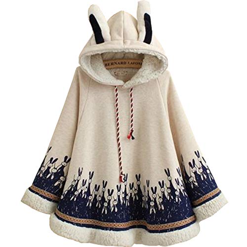 YM YOUMU Lady Girls Cloak Cape Coat Winter Fleece Ear Hooded Baggy Poncho Japanese Kawaii - Beige - One Size Petite