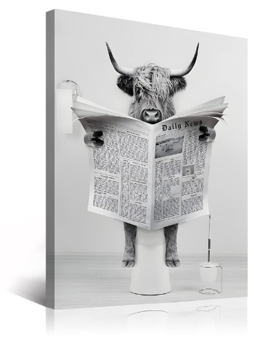 Funny Highland Cow Wall Art in Bathtub, Black and White Canvas Cow In Bathroom Picture, Humor Animals Bathroom Artwork Prints Rustic Farmhouse Style Wall Decor Ready To Hang for Living Room, Bathroom, Bedroom, Kids Bathroom Decor (12"x16", Framed) - 12x16 Inch-framed Black and white cow wall art