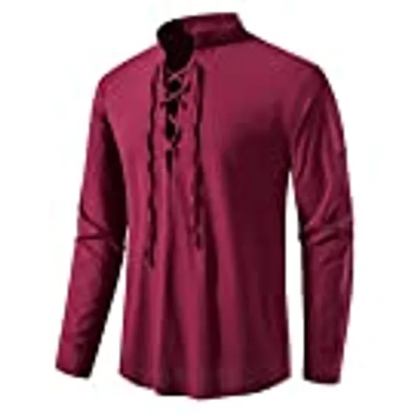 LucMatton Men's 100% Cotton Retro Style Lace up Long Sleeve Shirts for Medieval,Viking,Hippie Matching