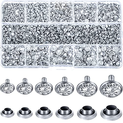 600 Sets 6 Sizes White Clear Rhinestone Rivets Crystal Rivets Rapid Rhinestone Stud Silver Color Rivets Fit Punk Rock DIY for Clothing, Wedding, Performance, Arts and Crafts Decoration