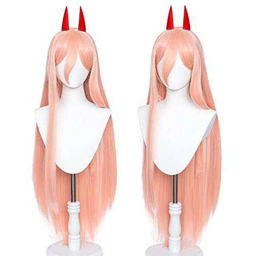 Probeauty Pink Power Cosplay Wig with Two Horns, Women Update Long Straight Anime Halloween Wig (Pink Orange) - Pink