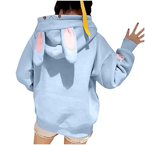 Cute Hoodies For Women Oversized Y2K Pullover Bunny Ear Hooded Sweatshirts With Pockets Long Sleeve Outfits Fall Clothes 2023 - XX-Large - Blue