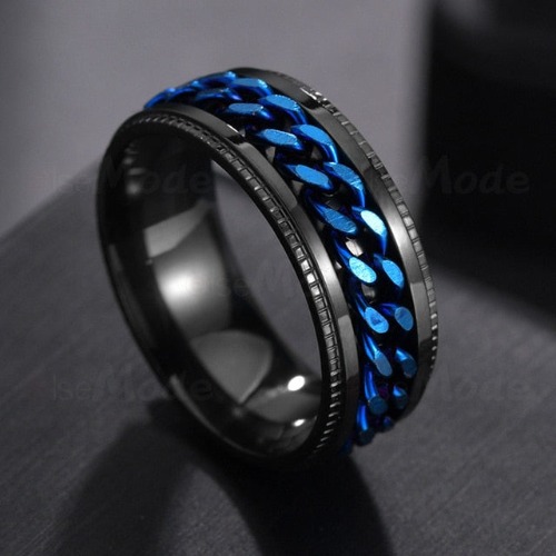 Mens Stainless Steel Rotatable Chain Style Black Ring - Blue / 11
