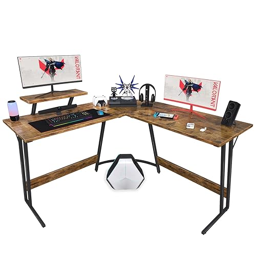 Homall L Shaped Gaming Desk Computer Corner Desk PC Gaming Desk Table with Large Monitor Riser Stand for Home Office Sturdy Writing Workstation (Classical Brown, 51 Inch) - Classical Brown - 51 Inch
