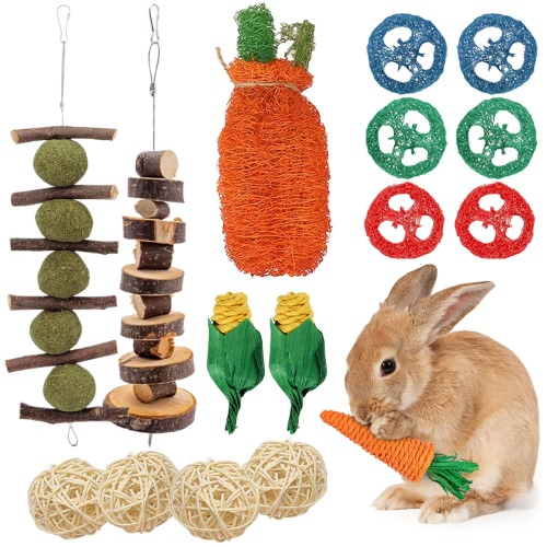 Natural Rabbit Guinea Pigs Hay Toys for Rabbits, Bunny, Chinchilla, Hamsters, Carrot Hanging Deluxe 16 pcs – Colourful Engaging Pet Toy Set, Pet Dental Rabbit Chew Small Animal, Wooden Incl Free eBook