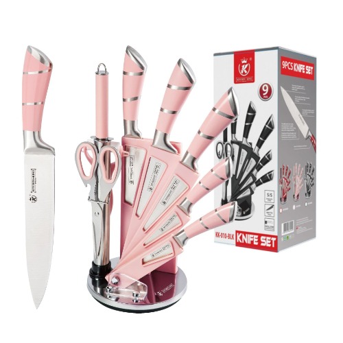 Kitchen Chef Knife Sharp 9 Piece Set, Premium Stainless Steel Knife Blade & Hollow Non-Slip Handles - 360 Degree Rotating Block Stand Cooking Set of Knives (Pink & Black)