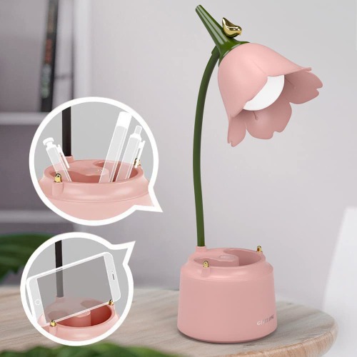 KoudHug Pink Desk Lamp, Cute Lamp for Kid, Rechargeable LED Lamp with USB Charging Port, Flexible Gooseneck, 3 Color Modes & Stepless Dimming, Table Lamp for College Dorm Bedroom Reading