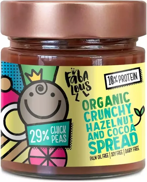Fabalous Organic Crunchy Chocolate Spread (Hazelnut & Cocoa Spread) Vegan, Dairy Free, No Palm Oil, Less Sugar, More Protein 200g