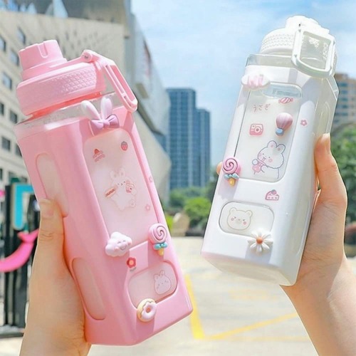 Large Kawaii Water Bottle with Straw and 3D Stickers Cute Aesthetic Bottle Kawaii Milk Bottle Tea Cup Juice Shaker Portable Silicone (700ml/24oz, Pink) - Pink