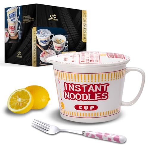 ECTbicyk 34 OZ Ceramic Ramen Bowl with Lid Instant Ramen Noodle Bowl Large Soup Bowl with Handle, Ramen bowl with Fork, Red - Red