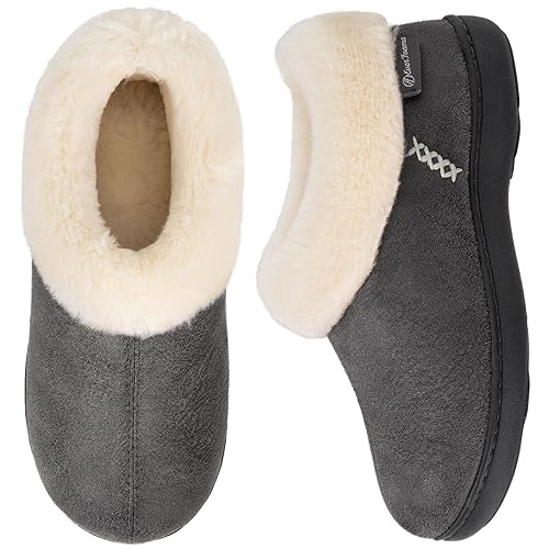 EverFoams Women's Micro Suede Cozy Memory Foam Winter Slippers with Fuzzy Faux Fur Collar and Indoor Outdoor Rubber Sole - 11-12 - Dark Grey