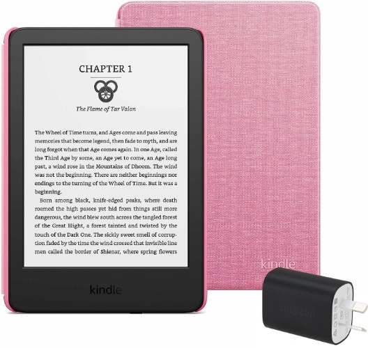 Kindle Essentials Bundle including Kindle (2022 release) - Black, Amazon Fabric Cover - Rose, and Power Adaptor