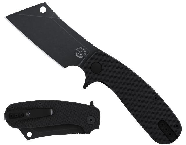 Off-Grid Knives - Cleaver V2 Folding Knife, D2 Tumbled Black Cleaver Blade, G10 Scales, Ceramic Ball Bearings, Left & Right Hand Carry
