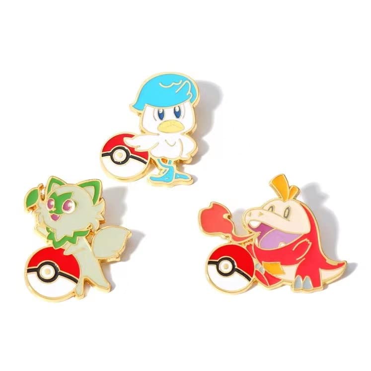 OYSTERBOY 3pcs Cute Pocketmon Pocket Monster Quaxly Duck Sprigatito Cat Fuecoco Poke Ball Enamel Pin Set Zinc Alloy Brooches for Cosplay Costume DIY Backpacks Shirts Jeans Jackets Vests Hats, Zinc, no gemstone