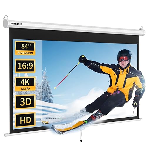 WASJOYE 84 Inch Projector Screen, 16:9 4K HD Manual Projector Screen Pull Down for Home Theater Game Office Video Outdoor Indoor - 84 Inch
