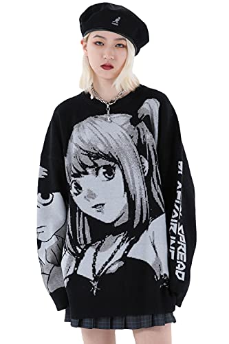 FELLVISHK Anime Girl Figure Sweater Graphic Long Sleeve Oversize Knitwear Sweatshirt Unisex 3D - X-Large - Black