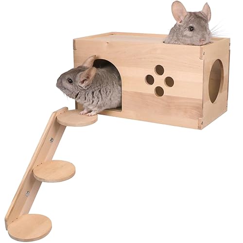 YKD Chinchilla Wooden House with Ladder - Small Animal Hideout for Chinchilla Squirrel or Sugar Gliders - Ventilated Wooden Chinchilla Hut Hideout with Multiple Doors - Extra Large