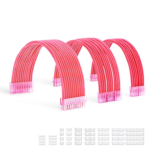 FormulaMod Sleeve Extension Power Supply Cable Kit 18AWG ATX 24P+ (2) EPS 8-P+ (3) PCI-E8-P with Combs for PSU to Motherboard/GPU (Pink) - Pure Pink