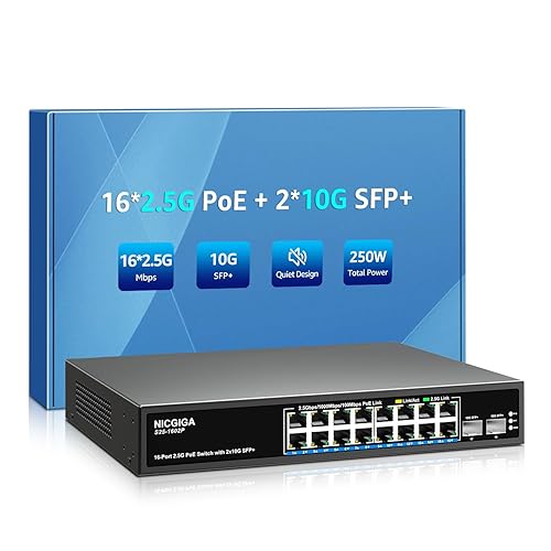 16 Port 2.5G PoE Switch Unmanaged with 16 Port 2.5Gb Base-T PoE+@250W + 2 x 10G SFP+ Uplink, NICGIGA 18 Port 2.5Gbe IEEE802.3af/at Power Over Ethernet Switch, Support WiFi6 AP, NAS, 4K PoE Camera NVR. - 18 Port| 16x 2.5G PoE+250W+ 2x 10G SFP+