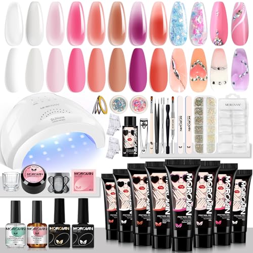 Morovan Poly Gel Nail Kit Builder Gel for Nails with 48W LED Nail Lamp Nail Extension Gel 8 Pcs 0.5oz with Slip Solution Nail Prep Dehydrator and Nail Primer Poly Nail Gel Kit Nail Art Supplies - All Seasons
