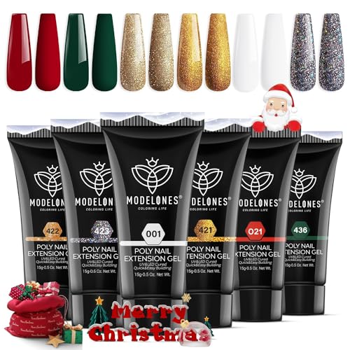 Modelones Christmas Poly Nail Gel 6 Colors Green Red Glitter Gold Silver Nail Extension Gel Set Winter Party Nail Decoration DIY Gift for Women - Green Red