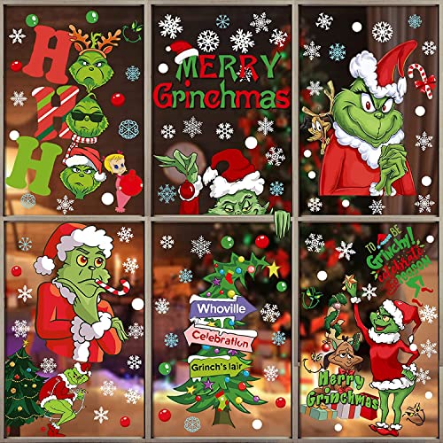 Christmas Window Clings Grinch Christmas Decorations Window Stickers Christmas Window Decals Home School Office Christmas Party Supplies (102pcs 9 sheets)