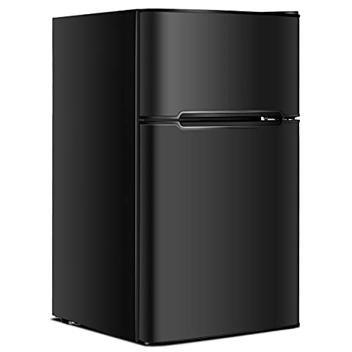 KOTEK Mini Fridge with Freezer, 3.2 Cu.Ft Compact Refrigerator with Reversible 2 Doors, 7 Level Adjustable Thermostat & Removable Shelves, Small Refrigerator for Bedroom/Office/Dorm/Apartment (Black) - Black