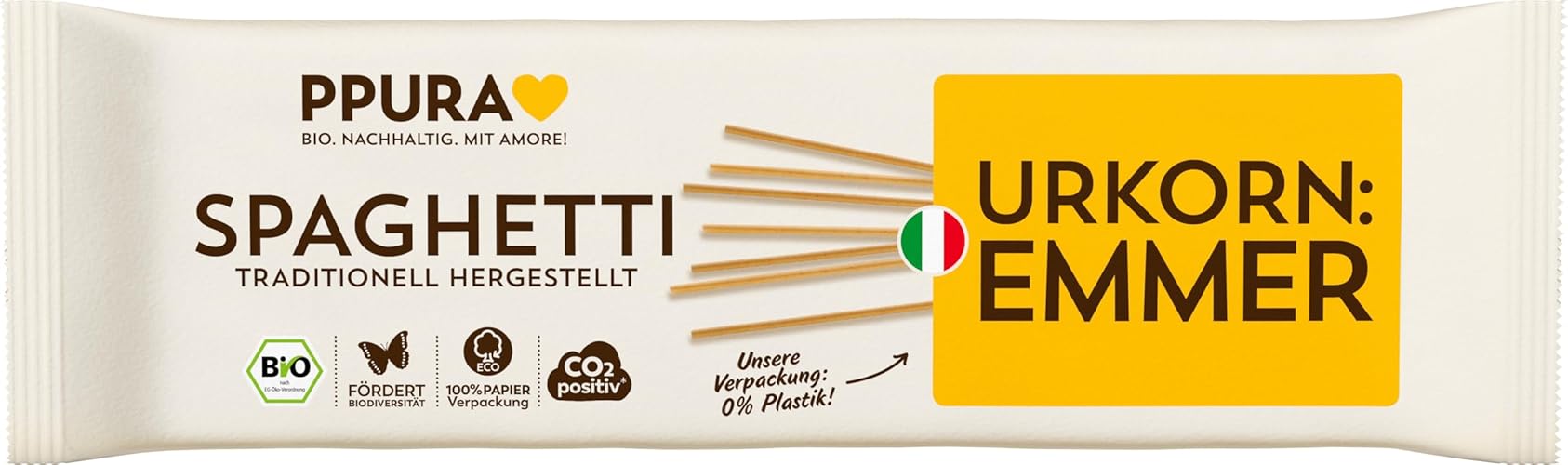 PPURA Bio Spaghetti aus ital. Emmer Urkorn | 500g Pasta | Ur-Getreide | 100% Natürlich, Ohne Farb- & Konservierungsstoffe | Saisonal & Regional |Italienische Nudeln | Bronzeverfahren | Zero Foodwaste