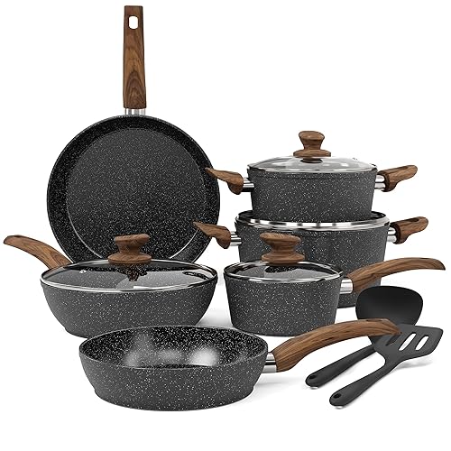 Kitchen Academy Induktion Töpfe Set - 12-teilige Schwarze Granit Kochtöpfe Set,Antihaft Topfset und Pfannen Set,PFOA & PFOS-freie - Schwarz