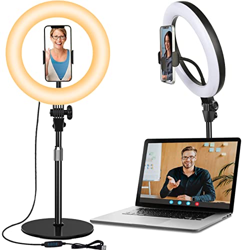 Desk Ring Light with Stand and Phone Holder - 10.5'' Desktop Light Ring for Video Recording, Podcast, Selfie, Zoom Lighting for Computer Laptop Video Conference Lighting, Online Meeting, Video Call - Black