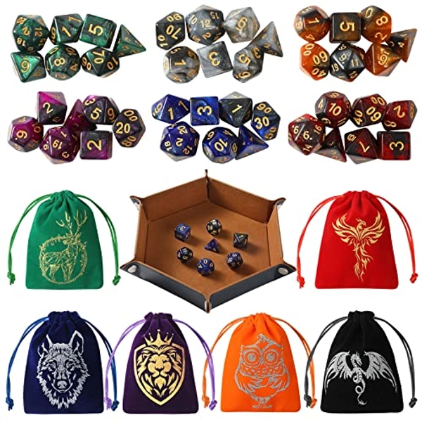 Grajar DND Dice Set, 42 Pcs polyhedral dice Set with 6 Colorful Animal Pattern Dice Bag and PU Leather and Velvet dice Tray for Dungeons and Dragons D&D RPG MTG Table Games Starry Sky - Animal-Starry Sky