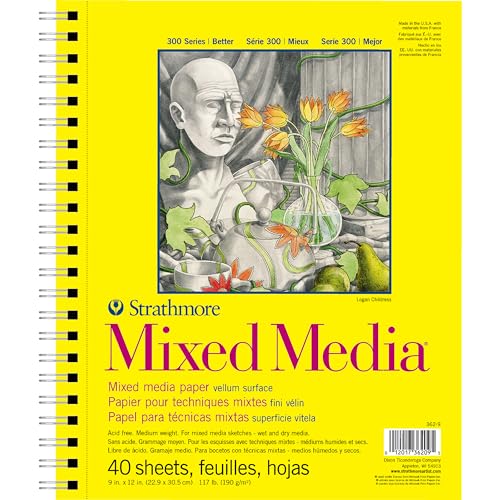 Strathmore 300 Series Mixed Media Paper Pad, Side Wire Bound, 9x12 inches, 40 Sheets (117lb/190g) - Artist Paper for Adults and Students - Watercolor, Gouache, Graphite, Ink, Pencil, Marker - 9x12 - Pad