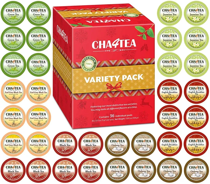 Cha4TEA 36-Count Variety Tea Sampler Pack for Keurig K-Cup Brewers, Multiple Flavors (Green Tea, Black Tea, Jasmine, Earl Grey, Oolong Green Tea, English Breakfast) - 