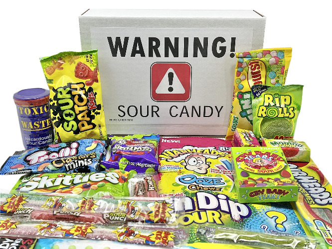 Super Sour Candy Variety Pack Gift Basket Box Care Package for Birthdays, Thank You, Thinking of You with Sour Straws, Belts, for Kids, Adults, Men, Women, Teens and Children ~ Jr - 