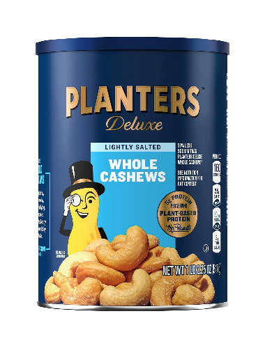 PLANTERS Deluxe Lightly Salted Whole Cashews, 1.14 Pound (Pack of 1) Resealable Canister - Lightly Salted Cashews & Nuts - Nutrient Dense Snacks for Adults & Kids - Vegan Snacks, Kosher - Lightly Salted