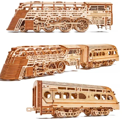 Wood Trick Atlantic Express Train 3D Wooden Puzzles for Adults and Kids to Build - 26.7x4 in - Rides up to 9 ft - Mechanical Locomotive Model Kit for Adults and Kids