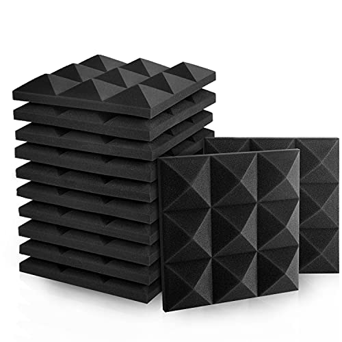 Sonic Acoustics 2" X 12" X 12" Acoustic Foam Panels, Pyramid Recording Studio Wedge Tiles, Sound Panels, Sound Absorbing Panel, Soundproofing Isolation Treatment for Walls (12 Pack, Black) - Black (9 Block Pyramid) - 12.0