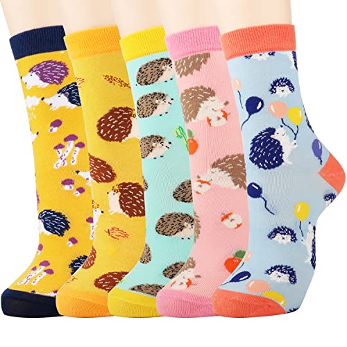 Jeasona 5 Pairs Cotton Socks for Women Size 4-7 Over-ankle Length Animal Themed Cute Patterns - 4-7 - Colourful hedgehog