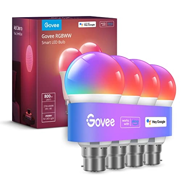 Govee RGBWW Smart Light Bulbs, Colour Changing LED Bulbs with Music Sync, 54 Dynamic Scenes 16 Million DIY WiFi & Bluetooth LED Bulbs Work with Alexa, Google Assistant & Govee Home App, 4 Packs