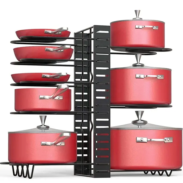 Podxco Pan Organizer Rack for Cabinet Pot Rack with 3 Diy Methods Adjustable Pot and Pan Organizer with 8 Tiers Pot Lid Organizer Holder Metal Heavy Duty Pot Organizer for Kitchen Counter and Cabinet